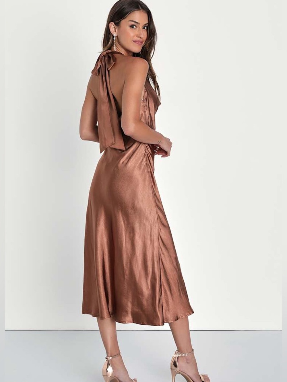 Lulus Sophisticated Impression Brown Satin Backless Cowl Midi Dress NWT –Size M - Picture 3 of 12